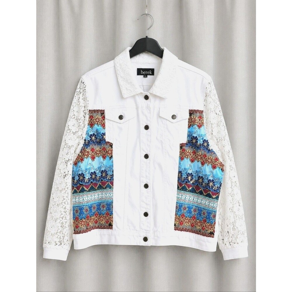 Berek Vintage White Denim Lace Sleeves Sequin Embroidered Boho Chic Jean Jacket